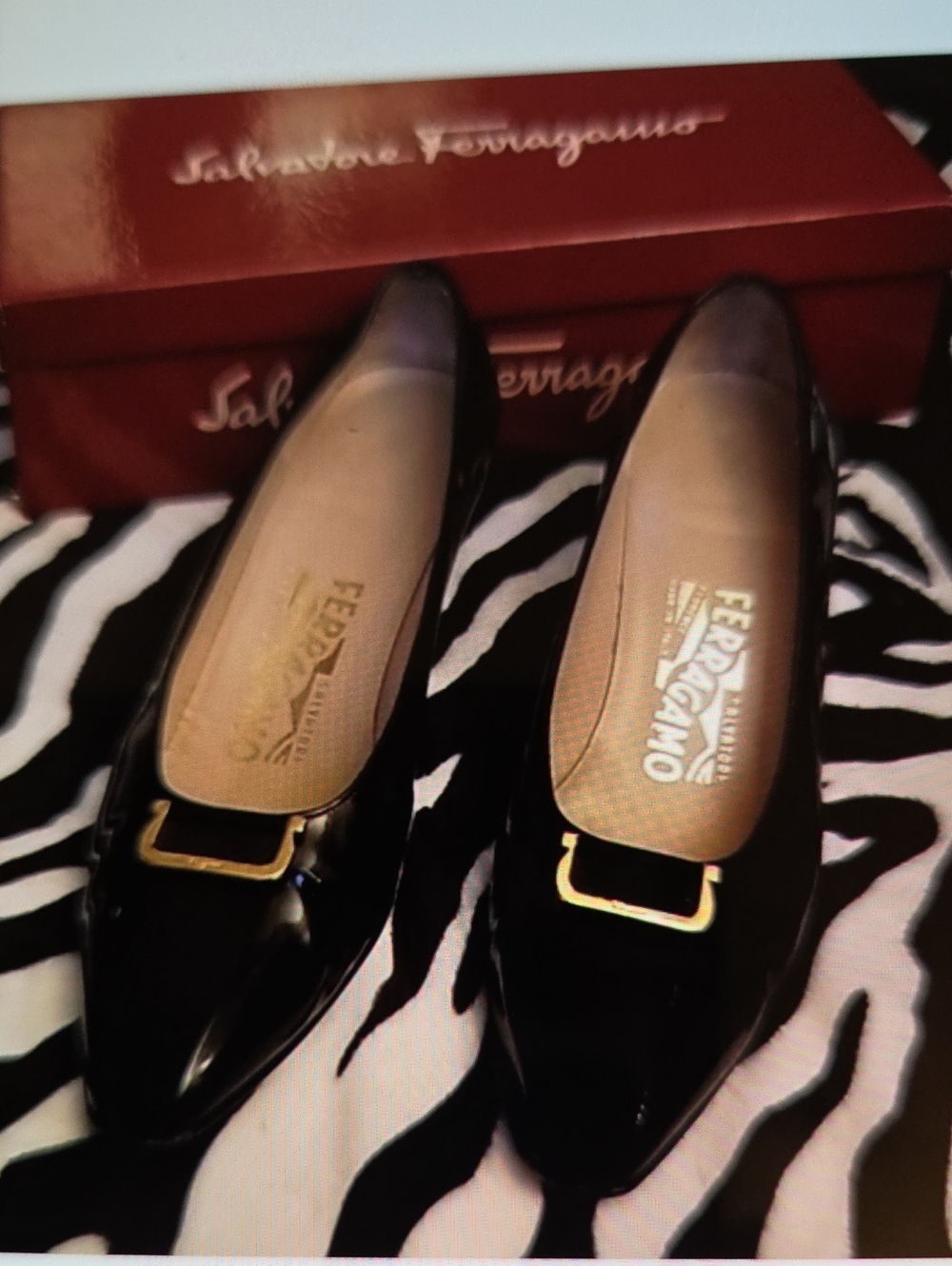 Salvatore Ferragamo Black Patent Leather Flats with Gold Buckle
